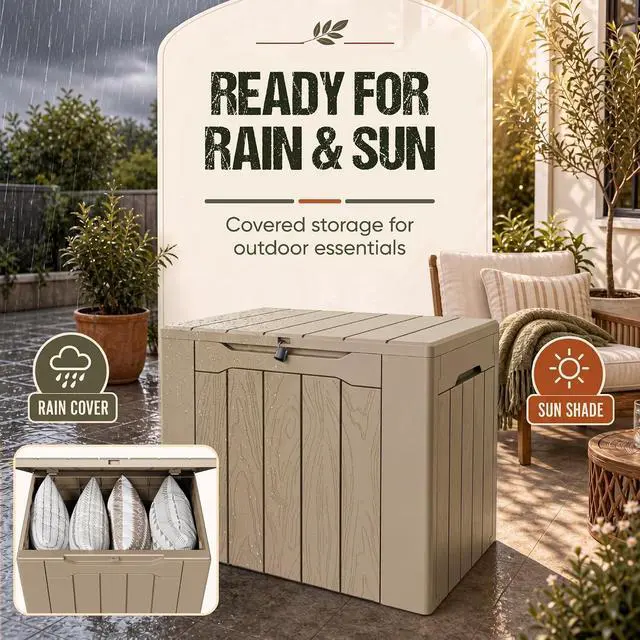 Alt view image 3 of 7 - Deck Box 30 Gallon, Waterproof Resin Small Storage Box with Lid, Outdoor Patio Furniture Cushion Garden Tool Organizer, Lockable Package Delivery Box for Porch Balcony (Brown)