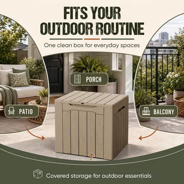 Alt view image 2 of 7 - Deck Box 30 Gallon, Waterproof Resin Small Storage Box with Lid, Outdoor Patio Furniture Cushion Garden Tool Organizer, Lockable Package Delivery Box for Porch Balcony (Brown)