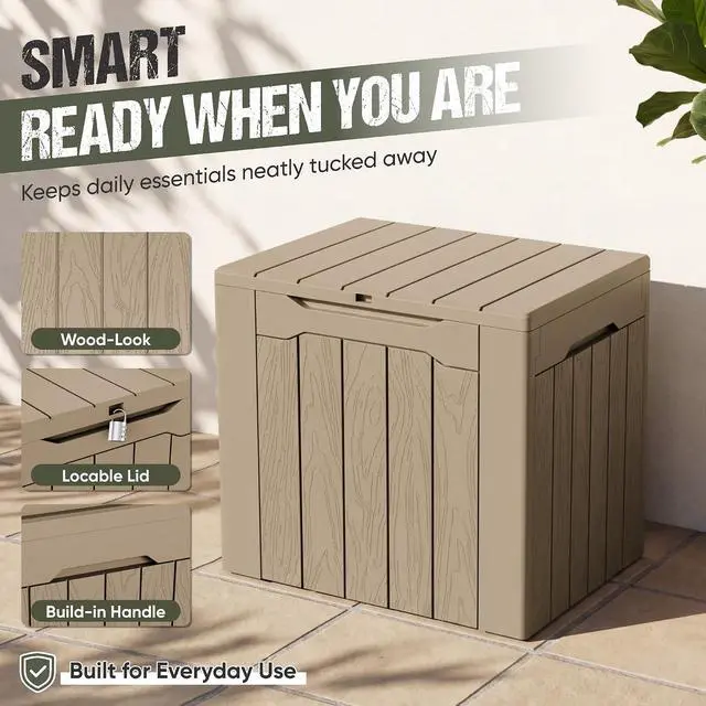 Alt view image 5 of 7 - Deck Box 30 Gallon, Waterproof Resin Small Storage Box with Lid, Outdoor Patio Furniture Cushion Garden Tool Organizer, Lockable Package Delivery Box for Porch Balcony (Brown)