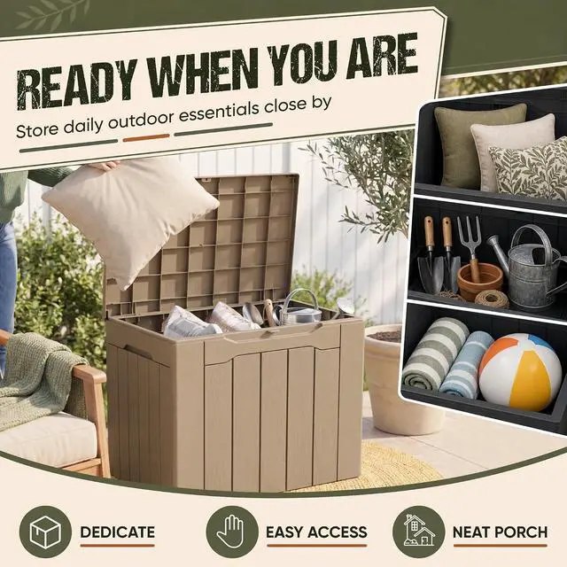 Alt view image 4 of 7 - Deck Box 30 Gallon, Waterproof Resin Small Storage Box with Lid, Outdoor Patio Furniture Cushion Garden Tool Organizer, Lockable Package Delivery Box for Porch Balcony (Brown)