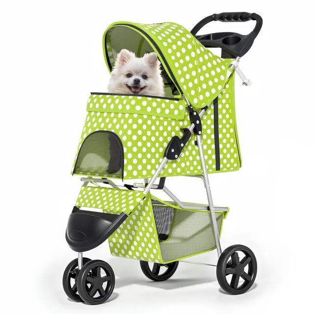 Main image of 3 Wheels Pet Dog Cat Stroller for Small Medium Dogs Cats, Foldable Jogger Stroller w/Storage Basket and Cup Holder, Lawn Green Polka Dots