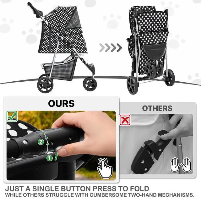 Alt view image 7 of 7 - 3 Wheels Pet Dog Cat Stroller for Small Medium Dogs Cats, Foldable Jogger Stroller w/Storage Basket and Cup Holder, Black Polka Dots