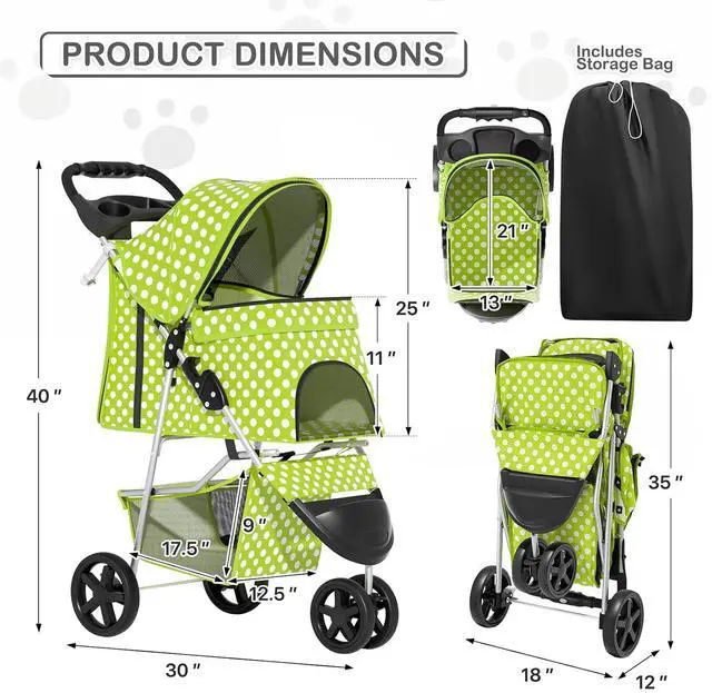 Alt view image 3 of 7 - 3 Wheels Pet Dog Cat Stroller for Small Medium Dogs Cats, Foldable Jogger Stroller w/Storage Basket and Cup Holder, Lawn Green Polka Dots