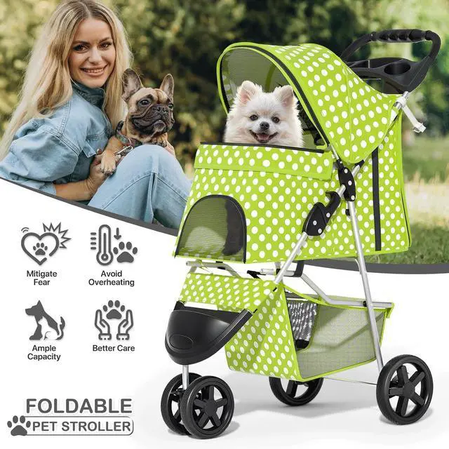 Alt view image 2 of 7 - 3 Wheels Pet Dog Cat Stroller for Small Medium Dogs Cats, Foldable Jogger Stroller w/Storage Basket and Cup Holder, Lawn Green Polka Dots