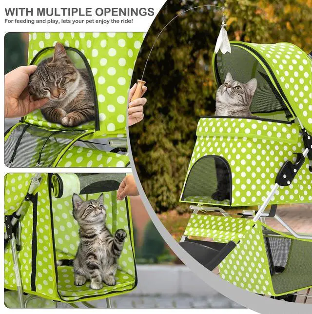 Alt view image 4 of 7 - 3 Wheels Pet Dog Cat Stroller for Small Medium Dogs Cats, Foldable Jogger Stroller w/Storage Basket and Cup Holder, Lawn Green Polka Dots