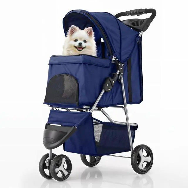 Main image of 3 Wheels Pet Stroller, Foldable Dog Cat Cage Jogger Stroller with Weather Cover for All-Season, Storage Basket and Cup Holder, Breathable and Visible Mesh for Small/Medium Pets, Blue