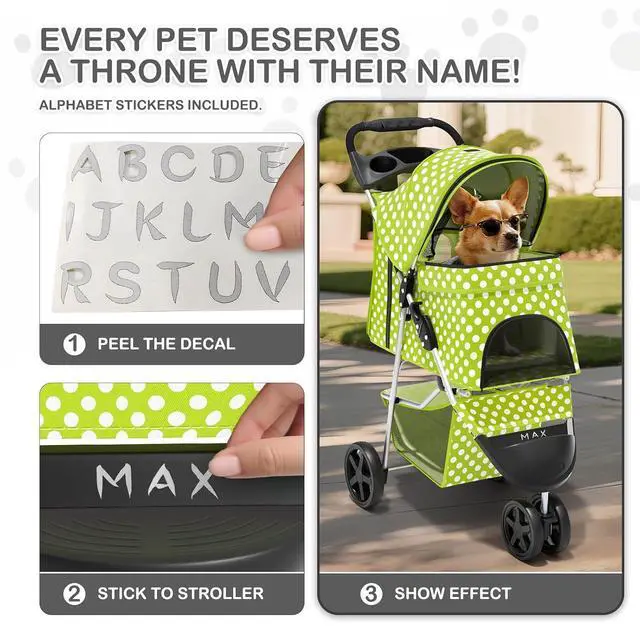 Alt view image 6 of 7 - 3 Wheels Pet Dog Cat Stroller for Small Medium Dogs Cats, Foldable Jogger Stroller w/Storage Basket and Cup Holder, Lawn Green Polka Dots