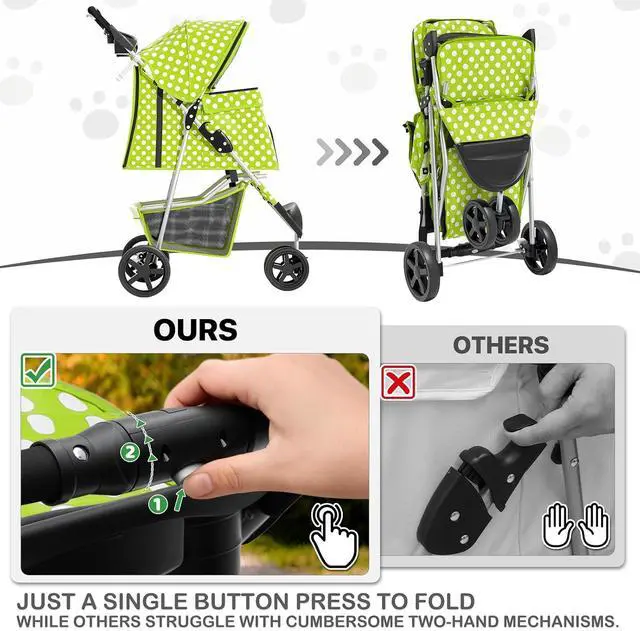 Alt view image 7 of 7 - 3 Wheels Pet Dog Cat Stroller for Small Medium Dogs Cats, Foldable Jogger Stroller w/Storage Basket and Cup Holder, Lawn Green Polka Dots