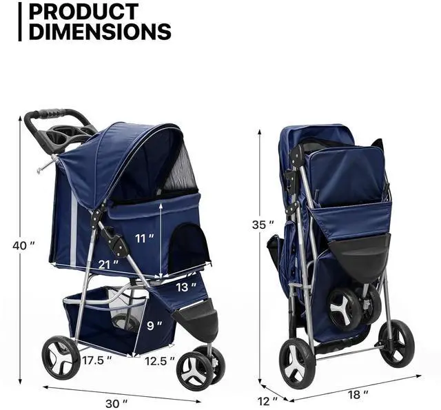 Alt view image 2 of 7 - 3 Wheels Pet Stroller, Foldable Dog Cat Cage Jogger Stroller with Weather Cover for All-Season, Storage Basket and Cup Holder, Breathable and Visible Mesh for Small/Medium Pets, Blue