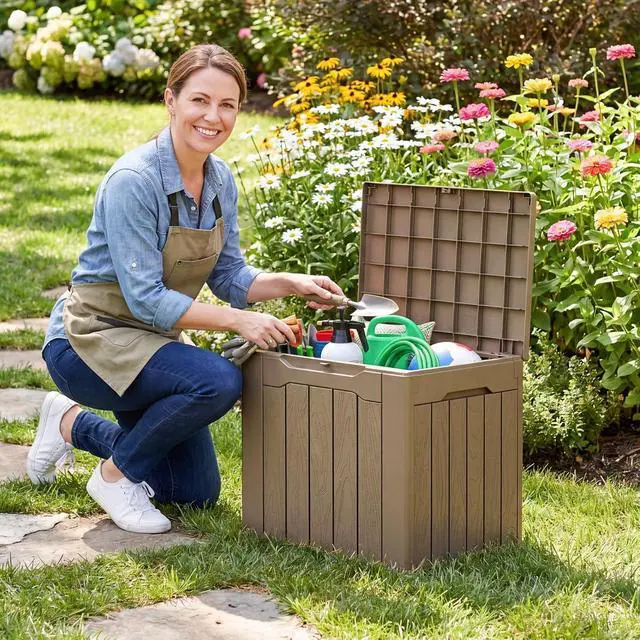 Alt view image 7 of 7 - Deck Box 30 Gallon, Waterproof Resin Small Storage Box with Lid, Outdoor Patio Furniture Cushion Garden Tool Organizer, Lockable Package Delivery Box for Porch Balcony (Brown)