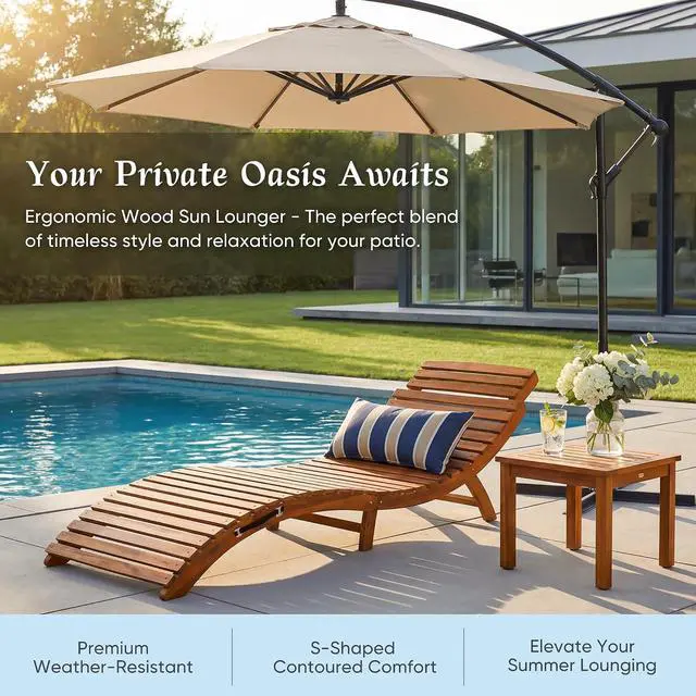 Alt view image 6 of 7 - Lounge Chairs for Outside Folding Acacia Wood Chaise Lounge with Side Handle Sun Lounger for Poolside, Lawn, Backyard (1 Piece)