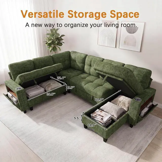 Alt view image 6 of 7 - 108" Modular Sectional Sofa with Pull Out Bed, Sectional Couch | Multiple Storage, USB & Type-C Charging, LED Lighting, 2 Cup Holder, L/U Shaped, Chenille, for Living Room, Apartment, Green