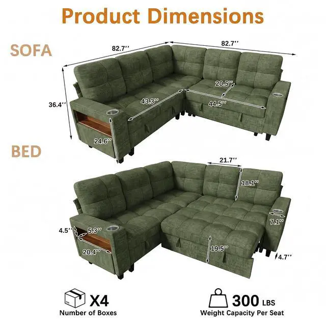Alt view image 3 of 7 - 83" Modular Sectional Sofa with Pull Out Bed, Sectional Couch | Multiple Storage, USB & Type-C Charging, LED Lighting, 2 Cup Holder, L/U Shaped, Chenille, for Living Room, Apartment, Green