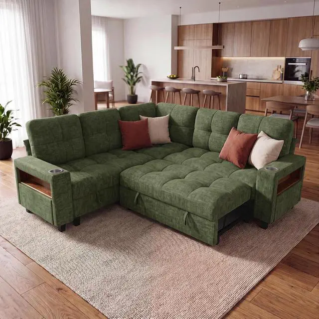 Alt view image 2 of 7 - 83" Modular Sectional Sofa with Pull Out Bed, Sectional Couch | Multiple Storage, USB & Type-C Charging, LED Lighting, 2 Cup Holder, L/U Shaped, Chenille, for Living Room, Apartment, Green