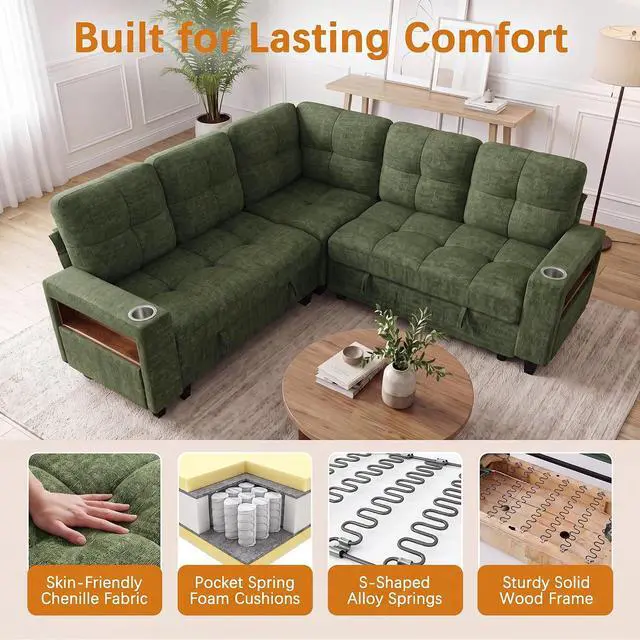 Alt view image 4 of 7 - 83" Modular Sectional Sofa with Pull Out Bed, Sectional Couch | Multiple Storage, USB & Type-C Charging, LED Lighting, 2 Cup Holder, L/U Shaped, Chenille, for Living Room, Apartment, Green