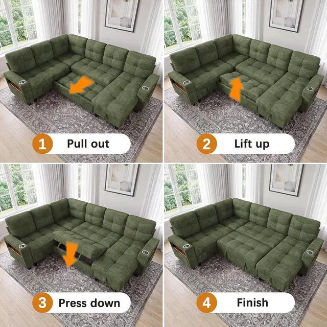 Alt view image 7 of 7 - 108" Modular Sectional Sofa with Pull Out Bed, Sectional Couch | Multiple Storage, USB & Type-C Charging, LED Lighting, 2 Cup Holder, L/U Shaped, Chenille, for Living Room, Apartment, Green