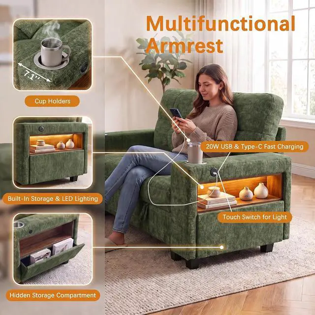 Alt view image 5 of 7 - 83" Modular Sectional Sofa with Pull Out Bed, Sectional Couch | Multiple Storage, USB & Type-C Charging, LED Lighting, 2 Cup Holder, L/U Shaped, Chenille, for Living Room, Apartment, Green