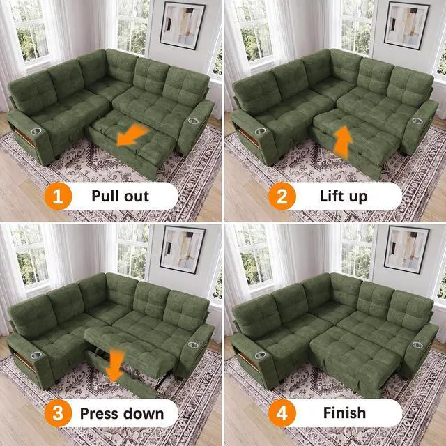 Alt view image 7 of 7 - 83" Modular Sectional Sofa with Pull Out Bed, Sectional Couch | Multiple Storage, USB & Type-C Charging, LED Lighting, 2 Cup Holder, L/U Shaped, Chenille, for Living Room, Apartment, Green