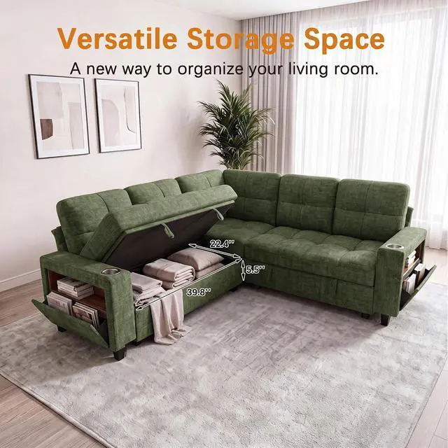 Alt view image 6 of 7 - 83" Modular Sectional Sofa with Pull Out Bed, Sectional Couch | Multiple Storage, USB & Type-C Charging, LED Lighting, 2 Cup Holder, L/U Shaped, Chenille, for Living Room, Apartment, Green