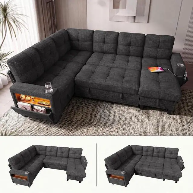Main image of 108" Modular Sectional Sofa with Pull Out Bed, Sectional Couch | Multiple Storage, USB & Type-C Charging, LED Lighting, 2 Cup Holder, L/U Shaped, Chenille, for Living Room, Apartment, Grey