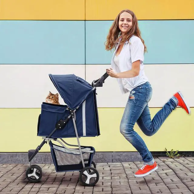 Alt view image 3 of 7 - 3 Wheels Pet Stroller, Foldable Dog Cat Cage Jogger Stroller with Weather Cover for All-Season, Storage Basket and Cup Holder, Breathable and Visible Mesh for Small/Medium Pets, Blue