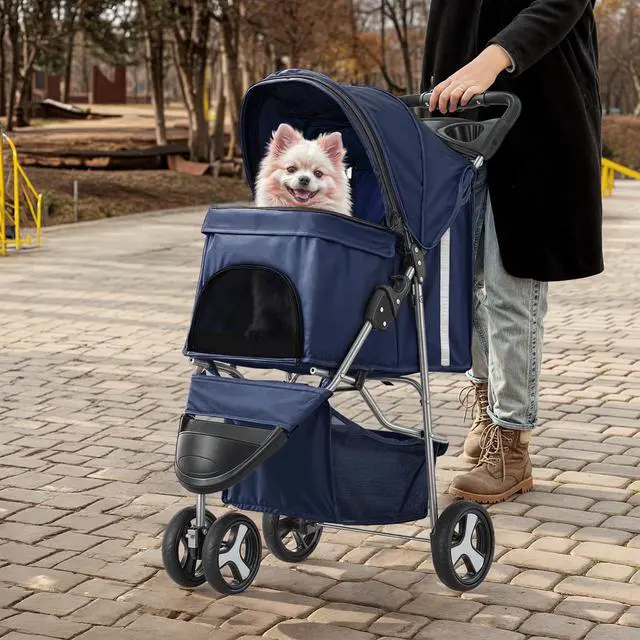 Alt view image 4 of 7 - 3 Wheels Pet Stroller, Foldable Dog Cat Cage Jogger Stroller with Weather Cover for All-Season, Storage Basket and Cup Holder, Breathable and Visible Mesh for Small/Medium Pets, Blue