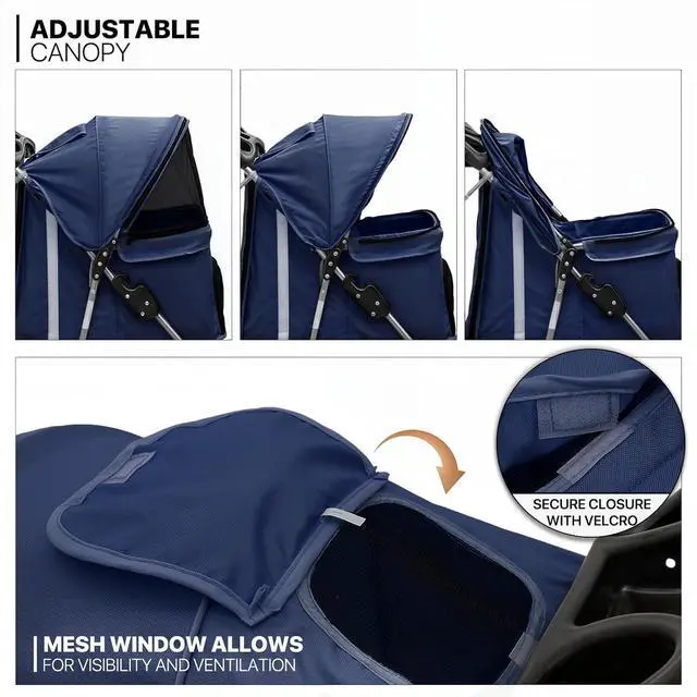 Alt view image 5 of 7 - 3 Wheels Pet Stroller, Foldable Dog Cat Cage Jogger Stroller with Weather Cover for All-Season, Storage Basket and Cup Holder, Breathable and Visible Mesh for Small/Medium Pets, Blue