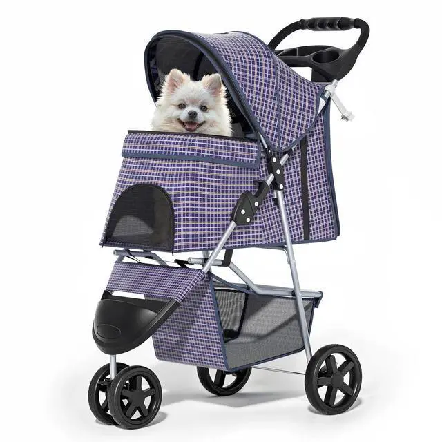 Main image of 3 Wheels Pet Dog Cat Stroller for Small Medium Dogs Cats, Lightweight Foldable Jogger Stroller w/Storage Basket and Cup Holder, Plaid