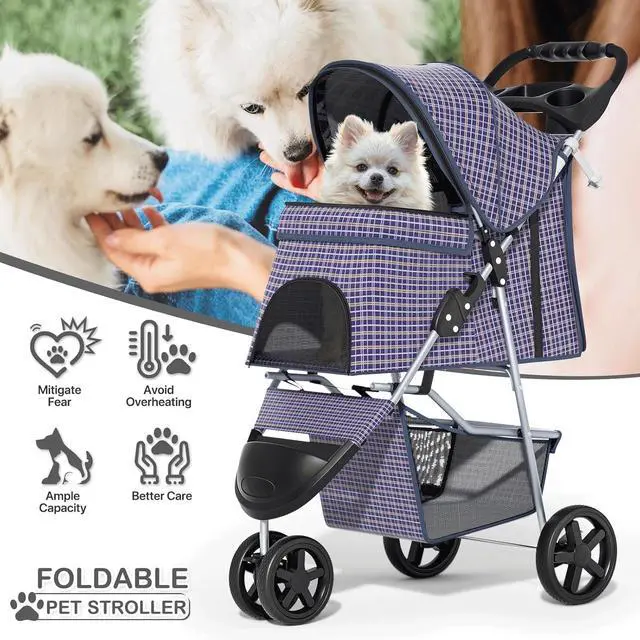 Alt view image 2 of 7 - 3 Wheels Pet Dog Cat Stroller for Small Medium Dogs Cats, Lightweight Foldable Jogger Stroller w/Storage Basket and Cup Holder, Plaid