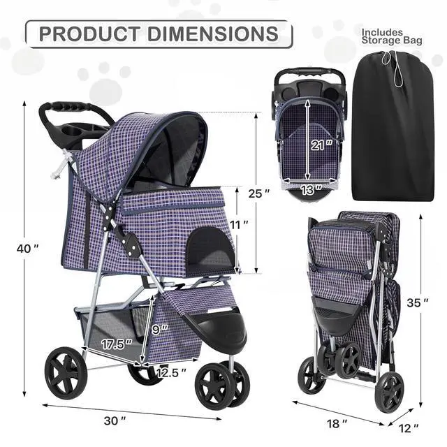 Alt view image 3 of 7 - 3 Wheels Pet Dog Cat Stroller for Small Medium Dogs Cats, Lightweight Foldable Jogger Stroller w/Storage Basket and Cup Holder, Plaid