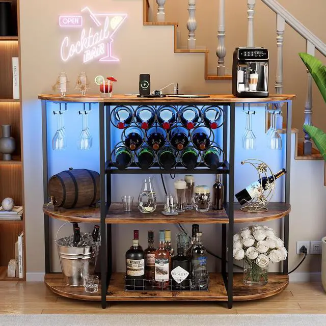 Main image of Wine Bar Cabinet with LED Lights and Power Outlets, Freestanding Liquor Bar Cabinet Table with Glass Holder Wine Rack Table Mini Bar for Home Kitchen Dining Room