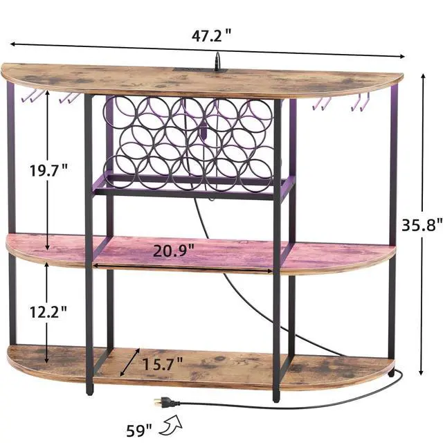 Alt view image 2 of 7 - Wine Bar Cabinet with LED Lights and Power Outlets, Freestanding Liquor Bar Cabinet Table with Glass Holder Wine Rack Table Mini Bar for Home Kitchen Dining Room
