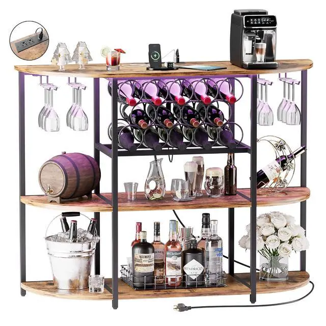 Alt view image 3 of 7 - Wine Bar Cabinet with LED Lights and Power Outlets, Freestanding Liquor Bar Cabinet Table with Glass Holder Wine Rack Table Mini Bar for Home Kitchen Dining Room
