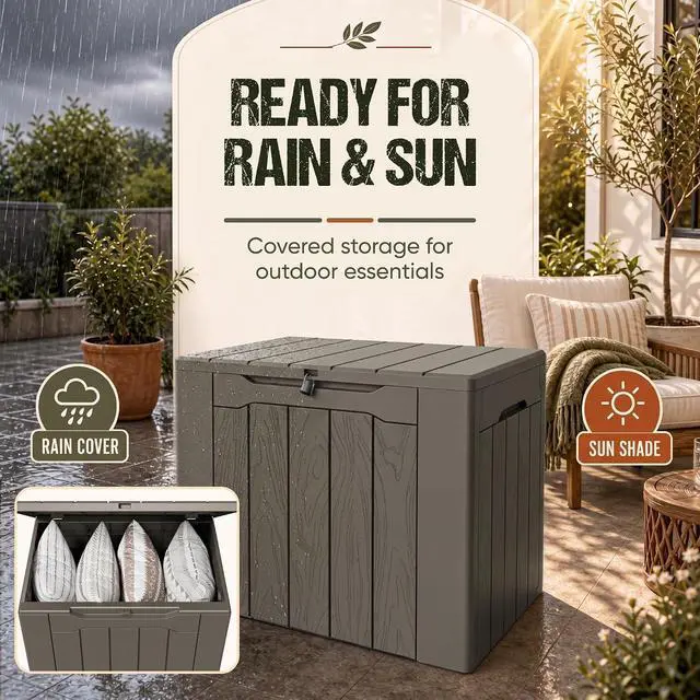Alt view image 3 of 7 - Deck Box 30 Gallon, Waterproof Resin Small Storage Box with Lid, Outdoor Patio Furniture Cushion Garden Tool Organizer, Lockable Package Delivery Box for Porch Balcony (Deep Brown)