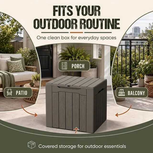 Alt view image 2 of 7 - Deck Box 30 Gallon, Waterproof Resin Small Storage Box with Lid, Outdoor Patio Furniture Cushion Garden Tool Organizer, Lockable Package Delivery Box for Porch Balcony (Deep Brown)