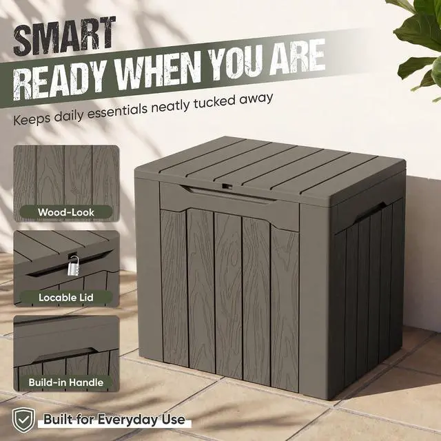 Alt view image 5 of 7 - Deck Box 30 Gallon, Waterproof Resin Small Storage Box with Lid, Outdoor Patio Furniture Cushion Garden Tool Organizer, Lockable Package Delivery Box for Porch Balcony (Deep Brown)