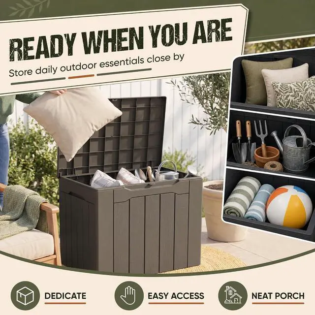 Alt view image 4 of 7 - Deck Box 30 Gallon, Waterproof Resin Small Storage Box with Lid, Outdoor Patio Furniture Cushion Garden Tool Organizer, Lockable Package Delivery Box for Porch Balcony (Deep Brown)