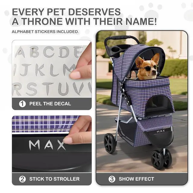 Alt view image 6 of 7 - 3 Wheels Pet Dog Cat Stroller for Small Medium Dogs Cats, Lightweight Foldable Jogger Stroller w/Storage Basket and Cup Holder, Plaid