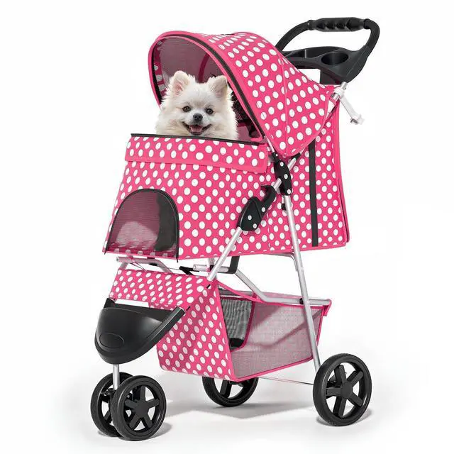Main image of 3 Wheels Pet Dog Cat Stroller for Small Medium Dogs Cats, Foldable Jogger Stroller w/Storage Basket and Cup Holder, Hot Pink Polka Dots