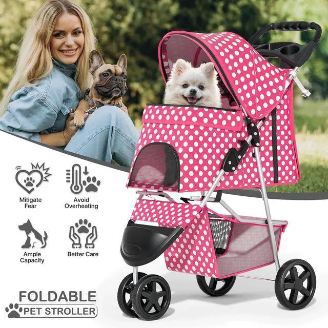 Alt view image 2 of 7 - 3 Wheels Pet Dog Cat Stroller for Small Medium Dogs Cats, Foldable Jogger Stroller w/Storage Basket and Cup Holder, Hot Pink Polka Dots