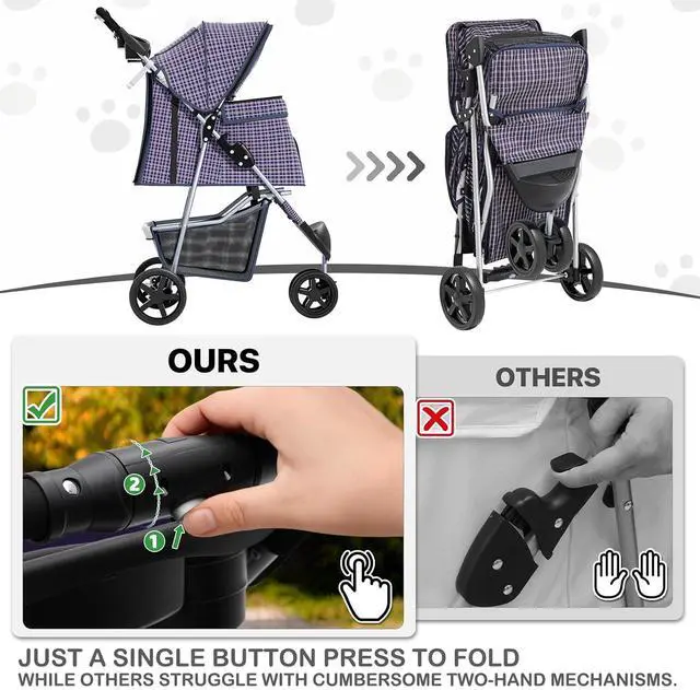Alt view image 7 of 7 - 3 Wheels Pet Dog Cat Stroller for Small Medium Dogs Cats, Lightweight Foldable Jogger Stroller w/Storage Basket and Cup Holder, Plaid