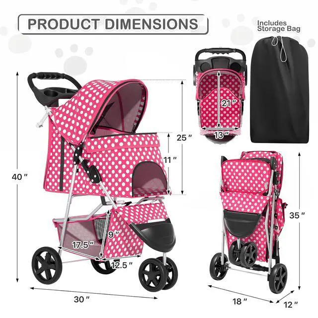 Alt view image 3 of 7 - 3 Wheels Pet Dog Cat Stroller for Small Medium Dogs Cats, Foldable Jogger Stroller w/Storage Basket and Cup Holder, Hot Pink Polka Dots