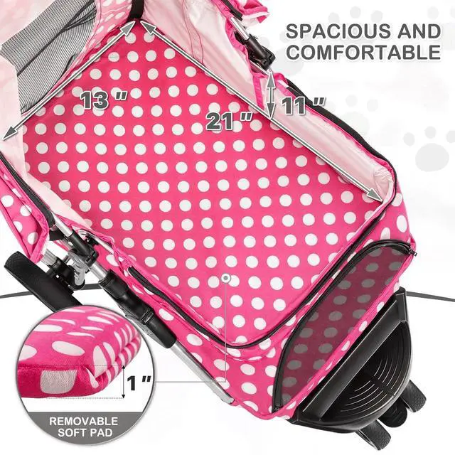 Alt view image 4 of 7 - 3 Wheels Pet Dog Cat Stroller for Small Medium Dogs Cats, Foldable Jogger Stroller w/Storage Basket and Cup Holder, Hot Pink Polka Dots