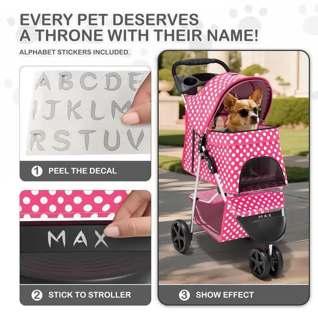 Alt view image 6 of 7 - 3 Wheels Pet Dog Cat Stroller for Small Medium Dogs Cats, Foldable Jogger Stroller w/Storage Basket and Cup Holder, Hot Pink Polka Dots