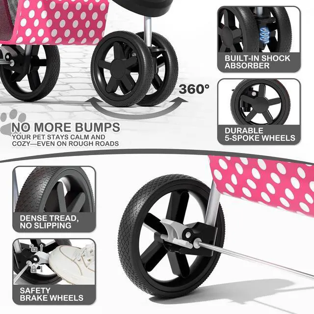 Alt view image 5 of 7 - 3 Wheels Pet Dog Cat Stroller for Small Medium Dogs Cats, Foldable Jogger Stroller w/Storage Basket and Cup Holder, Hot Pink Polka Dots
