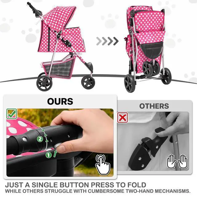 Alt view image 7 of 7 - 3 Wheels Pet Dog Cat Stroller for Small Medium Dogs Cats, Foldable Jogger Stroller w/Storage Basket and Cup Holder, Hot Pink Polka Dots