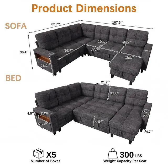 Alt view image 3 of 7 - 108" Modular Sectional Sofa with Pull Out Bed, Sectional Couch | Multiple Storage, USB & Type-C Charging, LED Lighting, 2 Cup Holder, L/U Shaped, Chenille, for Living Room, Apartment, Grey
