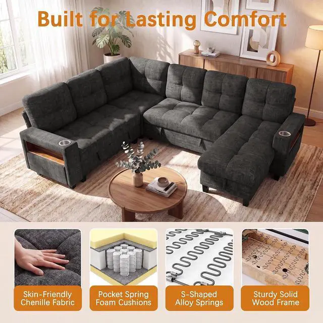 Alt view image 5 of 7 - 108" Modular Sectional Sofa with Pull Out Bed, Sectional Couch | Multiple Storage, USB & Type-C Charging, LED Lighting, 2 Cup Holder, L/U Shaped, Chenille, for Living Room, Apartment, Grey