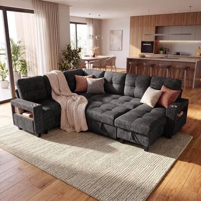 Alt view image 2 of 7 - 108" Modular Sectional Sofa with Pull Out Bed, Sectional Couch | Multiple Storage, USB & Type-C Charging, LED Lighting, 2 Cup Holder, L/U Shaped, Chenille, for Living Room, Apartment, Grey