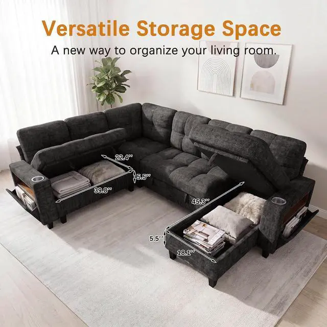Alt view image 6 of 7 - 108" Modular Sectional Sofa with Pull Out Bed, Sectional Couch | Multiple Storage, USB & Type-C Charging, LED Lighting, 2 Cup Holder, L/U Shaped, Chenille, for Living Room, Apartment, Grey
